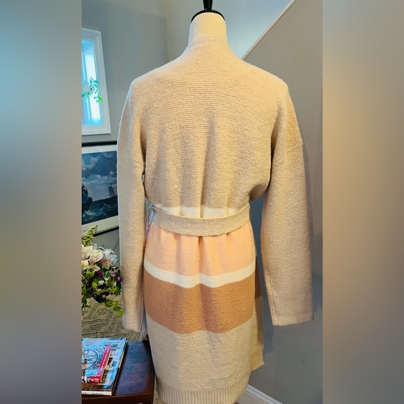 POEM & THREAD Long Cardigan Sweater Coat Open Front Belted Champagne Ivory/Pink - Picture 12 of 14
